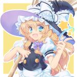  1girl alternate_eye_color apron aqua_eyes arm_strap bangs black_headwear black_vest blonde_hair blue_eyes blush colorized commentary_request eyebrows_visible_through_hair eyes_visible_through_hair flat_chest fluffy frilled_hat frilled_ribbon frills gradient_eyes green_eyes hair_between_eyes hair_ribbon hat hat_ribbon highres kirisame_marisa long_hair lucie multicolored_eyes open_mouth outline puffy_short_sleeves puffy_sleeves purple_ribbon ribbon shirt short_sleeves smile snapping_fingers solo star_(sky) suguni touhou tress_ribbon upper_body vest white_ribbon white_shirt witch_hat 