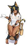  1girl ? absurdres animal_crossing animal_ears ankha_(animal_crossing) bangs barefoot black_eyes black_legwear book breasts cat_ears cat_girl cat_tail clothes_writing dark_skin highres holding holding_book humanization jovejun large_breasts looking_at_viewer shirt short_hair short_sleeves sitting solo tail tan toilet translated 