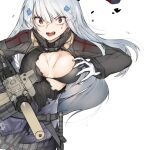  1girl alternate_eye_color assault_rifle bangs belt black_bra black_jacket black_skirt black_sweater blood blood_on_face bra breasts cleavage cowboy_shot cross ekuesu girls&#039;_frontline gloves gun h&amp;k_hk416 hair_ornament hk416_(girls&#039;_frontline) holding holding_gun holding_weapon injury iron_cross jacket large_breasts long_hair long_sleeves open_mouth plaid plaid_skirt red_eyes rifle scar scar_on_face silver_hair simple_background skirt solo sweater torn_clothes torn_jacket torn_sweater underwear v-shaped_eyebrows very_long_hair weapon white_background white_gloves 