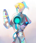  1girl arm_cannon armor bangs blonde_hair blue_eyes denaseey glowing gun hair_over_one_eye highres long_hair looking_at_viewer metroid metroid_dread mole mole_under_mouth ponytail power_armor power_suit samus_aran science_fiction sidelocks simple_background solo upper_body weapon 