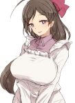  1girl alchera apron breasts brown_hair collared_shirt commentary_request hair_ornament hair_ribbon hairclip kantai_collection kappougi large_breasts long_hair mamiya_(kancolle) pink_shirt red_eyes ribbon shirt simple_background solo upper_body v_arms white_background 