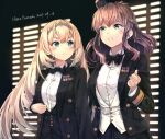 2girls alternate_costume artist_name black_bow black_bowtie black_skirt blonde_hair blue_eyes blush bow bowtie brown_hair buttons closed_mouth collared_shirt commentary copyright_name dated english_commentary hair_between_eyes hairband highres himeyamato kantai_collection long_hair long_sleeves medal multiple_girls open_mouth pleated_skirt saratoga_(kancolle) shirt side_ponytail skirt the_godfather tiara upper_body victorious_(kancolle) white_shirt 