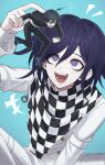  2boys :d ^^^ ahoge arm_up bangs between_legs black_hair black_jacket black_pants buttons checkered checkered_neckwear checkered_scarf danganronpa_(series) danganronpa_v3:_killing_harmony double-breasted eyebrows_visible_through_hair flying_sweatdrops green_background hair_between_eyes hand_between_legs high_heels highres holding_person jacket lifting_person long_sleeves looking_at_another looking_up male_focus miniboy multiple_boys open_mouth ouma_kokichi pants purple_eyes purple_hair saihara_shuuichi scarf shoes short_hair smile straitjacket striped striped_jacket striped_pants ttegi_(ddeck_dg) 