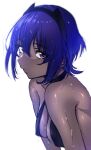  1girl absurdres bangs bare_shoulders black_hairband blue_hair bouhatei_(t-back) breasts cleavage commentary_request dark-skinned_female dark_skin eyebrows_visible_through_hair fate/prototype fate/prototype:_fragments_of_blue_and_silver fate_(series) hairband hassan_of_serenity_(fate) highres looking_at_viewer medium_breasts parted_lips purple_eyes short_hair simple_background solo upper_body wet wet_hair white_background 