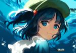  1girl blue_eyes blue_hair eyebrows_visible_through_hair green_headwear hair_between_eyes hair_bobbles hair_ornament hat jill_07km kawashiro_nitori key looking_at_viewer looking_back one-hour_drawing_challenge painting_(medium) smile solo touhou traditional_media twintails underwater water 