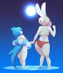  2girls :d absurdres animal_ears ass back backboob bikini blue_hair breasts clenched_hand commentary dolphin_tail dorsal_fin english_commentary fish_tail fiz_(fizintine) fizintine from_behind full_moon hair_bun hair_up highres holding_hands innertube looking_at_another moon multiple_girls open_mouth original pink_hair rabbit_ears rabbit_girl rabbit_tail red_bikini short_hair sky smile star_(sky) starry_sky swimsuit tail tori_(fizintine) wading water 