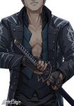  1boy artist_name black_coat black_gloves black_pants blue_shirt coat devil_may_cry_(series) devil_may_cry_5 fingerless_gloves gloves head_out_of_frame highres holding holding_sword holding_weapon long_coat male_focus open_clothes open_coat pants partially_unzipped sheath shirt simple_background solo stelarpidgin sword teeth unsheathing vergil_(devil_may_cry) weapon white_background white_hair yamato_(sword) zipper 