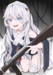  1girl bangs blood blood_bag blue_eyes blue_nails e_draw_paint girls&#039;_frontline gun highres kneeling long_hair ribeyrolles_(girls&#039;_frontline) ribeyrolles_1918 rifle silver_hair solo trigger_discipline very_long_hair weapon 