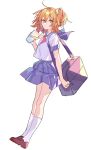  1girl ahoge bag cup expressionless fate/grand_order fate_(series) floating_hair fujimaru_ritsuka_(female) full_body hair_ornament hair_scrunchie hanagata highres holding holding_cup kneehighs looking_at_viewer neckerchief one_side_up orange_hair pleated_skirt school_uniform scrunchie serafuku short_sleeves shoulder_bag simple_background sketch skirt solo tumbler white_background white_legwear 