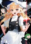  1girl apron black_skirt black_vest blonde_hair blurry blurry_background blush bow braid closed_eyes commentary_request green_hair hair_between_eyes hair_bow hair_ribbon hair_tubes hakurei_reimu hat highres kirisame_marisa kochiya_sanae long_hair looking_at_viewer open_mouth partial_commentary puffy_short_sleeves puffy_sleeves red_button ribbon shirt short_sleeves skirt sweatdrop teeth touhou upper_teeth v-shaped_eyebrows vest white_ribbon white_shirt witch_hat yellow_eyes yukkuri_shiteitte_ne zumi_(neronero126) 