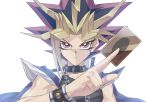  1boy blonde_hair blue_jacket bright_pupils card chain_necklace collar holding holding_card jacket jacket_on_shoulders jewelry male_focus multicolored_hair necklace purple_eyes purple_hair simple_background solo spiked_hair talgi two-tone_hair upper_body white_background white_pupils yami_yuugi yu-gi-oh! yu-gi-oh!_duel_monsters 