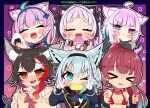  &gt;_&lt; 6+girls ahoge alternate_breast_size animal_ears ascot bangs bikini black_hair black_hoodie blue_ascot blue_flower blue_hair blue_jacket blue_rose blush braid cat_ears cat_girl cat_tail closed_mouth commentary_request corn crossed_arms cup double_v eggplant eyebrows_visible_through_hair flat_chest flower food food_in_mouth fox_ears fox_girl fox_tail gloves gradient gradient_background green_eyes hair_between_eyes hair_ornament hairband hairclip heart highres holding holding_cup holding_food hololive hood hoodie houshou_marine jacket long_sleeves looking_at_viewer minato_aqua multicolored_hair multiple_girls murasaki_shion nekomata_okayu onigiri ookami_mio open_clothes open_hoodie purple_eyes purple_hair red_bikini red_hair rose sakuramochi_(sakura_frappe) shirakami_fubuki sidelocks single_braid streaked_hair sweater swimsuit tail v virtual_youtuber white_gloves white_hair wolf_ears wolf_girl yellow_eyes 