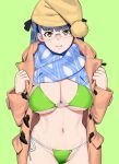  1girl absurdres bangs bikini blue_scarf bobblehat breasts brown_coat brown_eyes brown_headwear cleavage closed_mouth coat cowboy_shot eyebrows_visible_through_hair glasses green_background grey_hair highres large_breasts long_sleeves looking_at_viewer navel onsen_tamago_(hs_egg) open_clothes open_coat opened_by_self original rimless_eyewear scarf self_exposure side-tie_bikini simple_background smile solo standing string_bikini swimsuit trench_coat 
