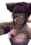  1girl 6maker absurdres bandages bangs black_hair blood blood_on_clothes blunt_bangs breasts cleavage commentary english_commentary eyepatch han_juri hand_up highres holding holding_weapon large_breasts looking_at_viewer multicolored_hair muscular muscular_female purple_eyes sarashi serious simple_background solo streaked_hair street_fighter upper_body weapon white_background 
