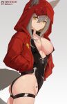  1girl :s animal_ears areola_slip areolae arknights artist_name ass bangs black_swimsuit breasts casual_one-piece_swimsuit cleavage closed_mouth cowboy_shot ears_through_headwear ett from_side grey_background grey_hair hair_between_eyes hands_in_pockets highres hood hood_up hooded_jacket jacket large_breasts long_hair long_sleeves looking_at_viewer looking_to_the_side official_alternate_costume one-piece_swimsuit open_clothes open_jacket projekt_red_(arknights) projekt_red_(light_breeze)_(arknights) revision simple_background skindentation solo swimsuit tail thigh_strap unzipped wolf_ears wolf_girl wolf_tail yellow_eyes 