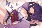  1girl arms_up bangs blurry blurry_background blush breasts bridal_gauntlets bug butterfly cleavage depth_of_field eyebrows_visible_through_hair from_side genshin_impact highres japanese_clothes kimono kimono_pull knees_up large_breasts long_hair long_sleeves looking_at_viewer looking_to_the_side lying mizuhiki nail_polish neck_ribbon obi on_back parted_lips petals purple_eyes purple_hair purple_kimono purple_nails raiden_shogun red_neckwear red_ribbon revision ribbon sash sayo_shigure_(sayosigure) short_kimono shrug_(clothing) smile solo tassel vision_(genshin_impact) wide_sleeves 