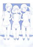  3girls ass_visible_through_thighs bangs blue_theme blunt_bangs blunt_ends blush bob_cut bow bow_panties breasts cameltoe closed_mouth commentary crotch_seam double_v eyebrows_visible_through_hair flat_chest hair_ornament hairclip hanadera_nodoka healin&#039;_good_precure highres hiramitsu_hinata long_hair looking_at_viewer micro_panties miyagoe_yoshitsuki monochrome multiple_girls nipples outside_border panties precure sawaizumi_chiyu short_hair side-tie_panties side_ponytail small_breasts smile standing string_panties thigh_gap topless twintails underwear underwear_only v wading 