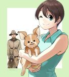  1boy 1girl animal blue_eyes blue_shirt brown_hair closed_eyes closed_mouth coat collared_shirt dated dog grey_coat hat highres holding holding_animal holding_dog horikou long_sleeves looking_at_viewer military military_uniform one_eye_closed saitou_ena shirt short_hair signature sleeveless sleeveless_shirt smile soldier soviet_army uniform wing_collar yurucamp 