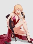  1girl bare_legs bare_shoulders black_footwear blonde_hair breasts bullet cartridge closed_mouth collarbone dress earrings eyebrows_visible_through_hair girls&#039;_frontline gun hair_ornament high_heels highres holding holding_weapon jewelry legs long_hair looking_at_viewer medium_breasts mo_geng necklace orange_eyes ots-14 ots-14_(girls&#039;_frontline) red_dress rifle sitting solo thighs very_long_hair weapon white_background 