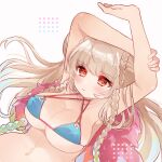  1girl :t arms_up azur_lane bangs bare_shoulders bikini bikini_top blue_bikini blunt_bangs braid braided_bun breasts cleavage collarbone commentary_request double_bun eyebrows_visible_through_hair formidable_(azur_lane) formidable_(the_lady_of_the_beach)_(azur_lane) highres large_breasts long_hair looking_at_viewer midriff navel official_alternate_costume pout red_eyes sidelocks silver_hair simple_background solo spaghetti_strap swimsuit takumi_mizuki twin_braids twintails 