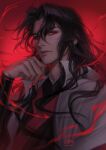  1boy black_hair black_nails commentary english_commentary eyelashes facial_mark forehead_mark glowing hand_up highres lisa_buijteweg long_hair long_sleeves looking_at_viewer luo_binghe male_focus red_eyes ren_zhafan_paijizu_xitong upper_body wind 