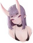  1girl absurdres bangs blush cropped_torso eyebrows_visible_through_hair fate/grand_order fate_(series) flat_chest highres horns oni oni_horns parted_lips pointy_ears purple_eyes purple_hair rabbit_(wlsdnjs950) short_hair shuten_douji_(fate) skin-covered_horns solo sweat 