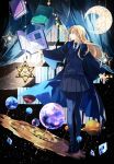  1girl black_robe blonde_hair book crystal gears harry_potter_(series) highres hogwarts_school_uniform long_hair luna_lovegood necktie open_mouth ravenclaw school_uniform skirt solo striped striped_necktie 