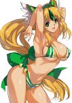  1girl :d armpits arms_up bikini blonde_hair bow breasts cleavage emerald_(gemstone) forehead_jewel gem green_bow green_eyes green_headwear hair_bow hat highres large_bow large_breasts leaning_forward long_hair looking_at_viewer low-tied_long_hair multicolored_bikini multicolored_clothes navel open_mouth riesz seiken_densetsu seiken_densetsu_3 simple_background skindentation smile solo stomach strap_gap striped striped_bikini swimsuit tamiya_akito thighs very_long_hair white_background 
