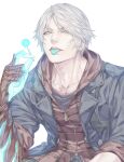  1boy blue_coat blue_eyes blue_jacket blue_tongue candy coat colored_tongue devil_bringer devil_may_cry_(series) food half-closed_eyes highres holding holding_candy holding_food hood hood_down hoodie jacket lollipop looking_at_viewer male_focus nero_(devil_may_cry) open_clothes open_coat open_jacket red_hoodie short_hair simple_background solo talgi tongue tongue_out upper_body white_background white_hair zipper zipper_pull_tab 