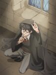  1boy black_robe brown_hair glasses gryffindor harry_potter_(series) hogwarts_school_uniform hood invisibility_cloak james_potter necktie one_eye_closed school_uniform solo striped striped_necktie younger 