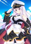  1girl adjusting_clothes adjusting_headwear azur_lane bangs belt black_coat black_legwear black_skirt blue_sky cloud cloudy_sky coat commentary enterprise_(azur_lane) eyebrows_visible_through_hair hair_between_eyes hand_on_hip hat kitsuneco long_hair looking_at_viewer necktie off_shoulder peaked_cap purple_eyes shirt sidelocks skirt sky sleeveless sleeveless_shirt smile solo thighhighs white_hair white_shirt wind zettai_ryouiki 