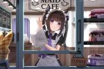  1girl apron baguette bangs black_dress black_hair black_ribbon blush bread cafe cake cleaning closed_mouth commentary_request dress eyebrows_visible_through_hair food glass_door hair_ribbon holding indoors long_hair looking_at_viewer maid maid_cafe maid_headdress menu_board necktie original purple_eyes purple_necktie ribbon short_sleeves sidelocks sign smile solo superpig twintails white_apron wiping 