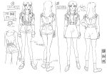  1990s_(style) 1girl absurdres belt boots character_sheet cropped_jacket from_behind full_body greyscale highres katsuragi_misato loafers long_hair monochrome multiple_views neon_genesis_evangelion official_art production_art production_note retro_artstyle sadamoto_yoshiyuki shoes shorts simple_background socks turnaround variations white_background zip_available 