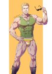  1boy abs alternate_pectoral_size artist_name bara blonde_hair blue_eyes boots bulge closed_mouth covered_abs covered_nipples evinist green_tank_top highres holding holding_eyewear jewelry jockstrap large_pectorals male_focus male_underwear midriff_peek muscular muscular_male necklace nipples no_pants pectoral_cleavage pectorals pokemon pokemon_(game) pokemon_hgss short_hair sidepec smile spiked_hair sunglasses surge_(pokemon) tank_top taut_clothes thick_thighs thighs underwear yellow_male_underwear 