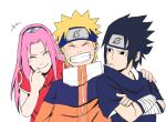  1girl 2boys black_eyes black_hair blonde_hair blue_shirt blush closed_mouth forehead forehead_protector grin hand_on_another&#039;s_shoulder haruno_sakura jacket long_hair long_sleeves looking_at_another multiple_boys naruto naruto_(series) ninja open_mouth orange_jacket pink_hair pinoko_(pnk623) red_shirt shirt short_hair short_sleeves simple_background smile team7 teeth uchiha_sasuke uzumaki_naruto v-shaped_eyebrows white_background white_sleeves 