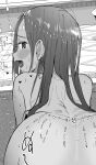  1girl :d all_fours ass bad_id bad_twitter_id banned_artist blush dark-skinned_female dark_skin from_behind greyscale heart implied_sex indoors long_hair looking_at_viewer looking_back masuda_(yousaytwosin) monochrome open_mouth original profile smile solo 