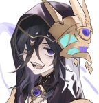  1girl bangs black_hair commentary_request granblue_fantasy hair_over_one_eye hood hood_up lich_(granblue_fantasy) looking_at_viewer open_mouth purple_eyes sharp_teeth simple_background smile solo teeth white_background yakota_(usuk-yako) 