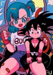  1boy 1girl absurdres aircraft bandaid bandaid_on_leg bangs black_eyes black_footwear black_hair blue_eyes blue_hair blue_sky breasts brown_gloves bulma character_name clenched_hand clothes_writing cloud cloudy_sky commentary day denim denim_shorts dot_nose dougi dragon_ball dragon_ball_(classic) expressionless eyelashes fingerless_gloves fingernails food-themed_hair_ornament frown gloves hair_ornament hair_strand hair_tie hand_on_another&#039;s_shoulder highres kodama_(marugoto_omikan) large_breasts light_blush looking_at_viewer medium_breasts medium_hair monkey_tail on_chair one_side_up open_mouth parted_lips pectorals shirt shirt_tucked_in shoes short_shorts shorts sitting sitting_on_lap sitting_on_person sky son_goku spiked_hair strawberry_hair_ornament swept_bangs tail thick_thighs thighs v-shaped_eyebrows white_shirt wristband 