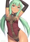  1girl :o armpits arms_up ass_visible_through_thighs bangs black_gloves blunt_bangs blush brooch commentary contrapposto covered_navel cowboy_shot dark-skinned_female dark_skin elbow_gloves eyebrows_visible_through_hair gloves green_eyes green_hair hair_ornament haura_(sasaame) highleg highleg_leotard jewelry leotard looking_at_viewer low_twintails navel original parted_lips sasaame simple_background solo symbol-only_commentary twintails twitter_username white_background wing_collar 