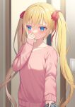  1girl alexmaster bangs blonde_hair blue_eyes blurry blurry_background blush bow collarbone commentary_request depth_of_field eyebrows_visible_through_hair hair_between_eyes hair_bow hand_up hirakata_kana indoors long_hair long_sleeves looking_away looking_to_the_side original pink_sweater red_bow sleeves_past_wrists solo sweater twintails very_long_hair 