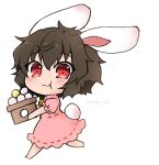  1girl :3 animal_ears barefoot blush brown_hair carrot_necklace commentary_request dress eating_hair eyebrows_visible_through_hair food_in_mouth full_body hair_between_eyes inaba_tewi looking_at_viewer mochi noai_nioshi pink_dress puffy_short_sleeves puffy_sleeves rabbit_ears rabbit_tail red_eyes ribbon-trimmed_dress short_hair short_sleeves simple_background solo tail touhou twitter_username white_background 