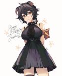  1girl :o alternate_costume animal_ears arknights arm_ribbon arms_behind_back bangs bare_arms bare_shoulders black_dress black_hair black_legwear bone_hair_ornament bow braid breasts brown_eyes buckle character_name commentary dog_ears dress english_commentary hair_bow hair_ornament hairclip happy_birthday jackie_(arknights) large_breasts looking_at_viewer nagu official_art orange_bow parted_lips ribbon short_hair side_braid signature simple_background single_thighhigh sleeveless sleeveless_dress solo thighhighs underbust white_background 