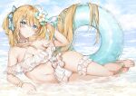  1girl anklet bad_id bad_pixiv_id bangs barefoot beach bead_anklet bikini blonde_hair blue_eyes bow breasts cleavage commentary eyebrows_visible_through_hair green_bow hair_bow hair_flowing_over hair_ornament highres innertube jewelry large_breasts long_hair long_toenails looking_at_viewer lying nail_polish navel ocean on_side original outdoors parted_lips solo swimsuit symbol-only_commentary thigh_strap thighs toenail_polish toenails toes water white_bikini yukineko1018 