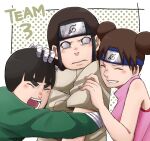  1girl 2boys :d bandages bowl_cut brown_hair brown_shirt chinese_clothes closed_eyes closed_mouth double_bun forehead_protector green_jumpsuit grin hand_on_another&#039;s_head highres hug hyuuga_neji long_hair long_sleeves looking_at_viewer multiple_boys naruto naruto_(series) ninja open_mouth pink_shirt pinoko_(pnk623) rock_lee shirt short_hair short_sleeves sleeveless sleeveless_shirt smile teeth tenten_(naruto) v-shaped_eyebrows 