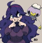  1girl @_@ ahoge alternate_breast_size bangs black_eyes blue_eyes blue_hair blush_stickers breasts brown_background chichibu_(watson) closed_mouth commentary dress drifloon fingers_to_mouth hair_between_eyes hairband hex_maniac_(pokemon) index_fingers_together large_breasts long_hair long_sleeves looking_to_the_side messy_hair pokemon pokemon_(creature) pokemon_(game) pokemon_xy purple_dress purple_hairband sidelocks signature simple_background smile spider_web_print standing turtleneck upper_body very_long_hair 