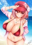  1girl bikini bracelet breasts cabbie_hat cleavage cloud collarbone commentary_request dated day hand_in_pocket hat heart heart_necklace highres huge_breasts jacket jewelry jotti long_hair navel necklace ocean original outdoors pink_jacket red_bikini red_eyes red_hair red_headwear reimusan_(jotti) signature skindentation smile solo standing swimsuit thigh_gap 