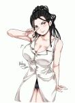  1girl arm_support arm_up armpits artist_name black_eyes black_hair breasts buttons cleavage closed_mouth coat collarbone commentary cowboy_shot fullmetal_alchemist hairlocs izumi_curtis large_breasts long_hair relaxjon simple_background sleeveless smile solo white_background white_coat 