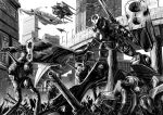  alien arm_cannon bad_end bridge choujikuu_yousai_macross city defeat destroid flying glaug greyscale highres macross mecha missile_pod monochrome no_humans queadol-magdomilla quel-quallie regult science_fiction space_craft standing tomahawk_(destroid) walker weapon wreckage zandan_zero_to_na!? zentradi 