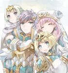  1boy 3girls armor bangs blonde_hair blue_eyes blunt_bangs blush brother_and_sister closed_eyes closed_mouth earrings fire_emblem fire_emblem_heroes fjorm_(fire_emblem) fur_trim group_hug gunnthra_(fire_emblem) hair_ornament highres hrid_(fire_emblem) hug hukashin jewelry multiple_girls open_mouth pink_hair purple_eyes shoulder_armor siblings sisters white_background white_hair ylgr_(fire_emblem) 