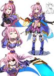  1girl absurdres alternate_costume armor armored_dress boots collarbone crown eating green_eyes hair_rings heterochromia highres himemori_luna hololive laughing looking_at_viewer metal_boots multiple_views ojou-sama_pose open_mouth pantyhose purple_eyes purple_hair side_ponytail sparkle spoon thigh_boots thighhighs trap_(drthumt) virtual_youtuber weapon weapon_on_back 